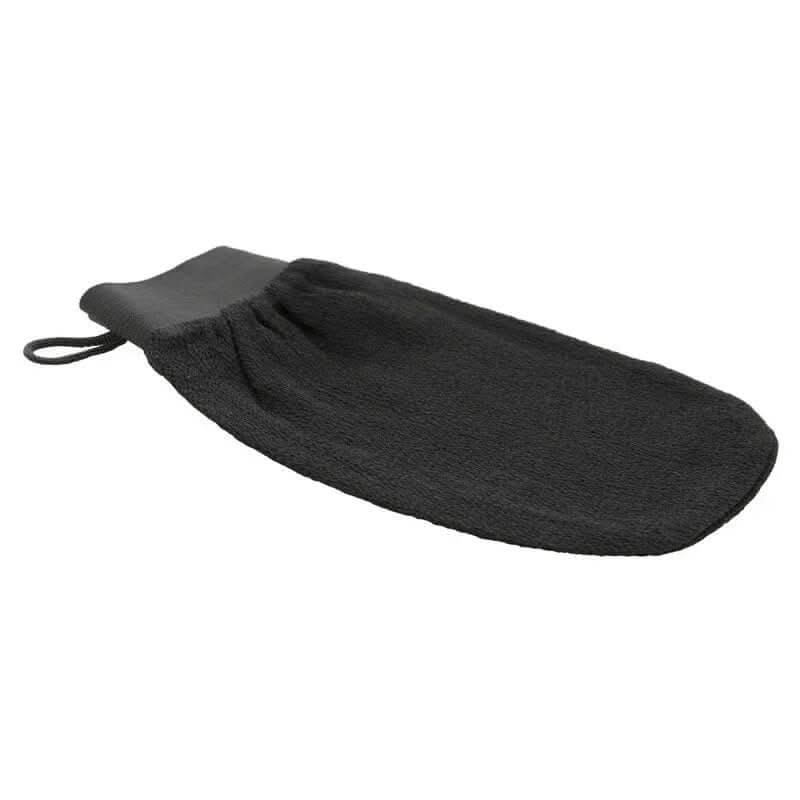 Eco-friendly kessa scrub mitt side view showing texture and black loofah material for body exfoliation