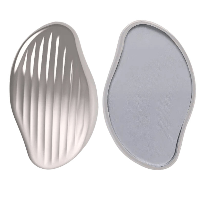 Grey nano glass hair eraser showing textured exfoliating side and smooth crystal surface for painless hair removal