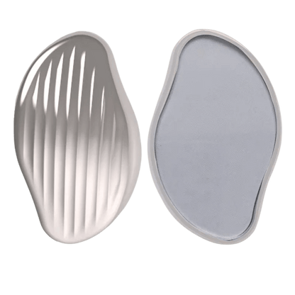 Grey nano glass hair eraser showing textured exfoliating side and smooth crystal surface for painless hair removal