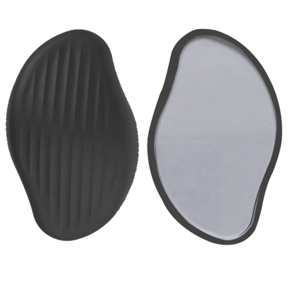 Black and white nano glass hair eraser showing textured exfoliating side and smooth nano crystal surface for gentle hair removal