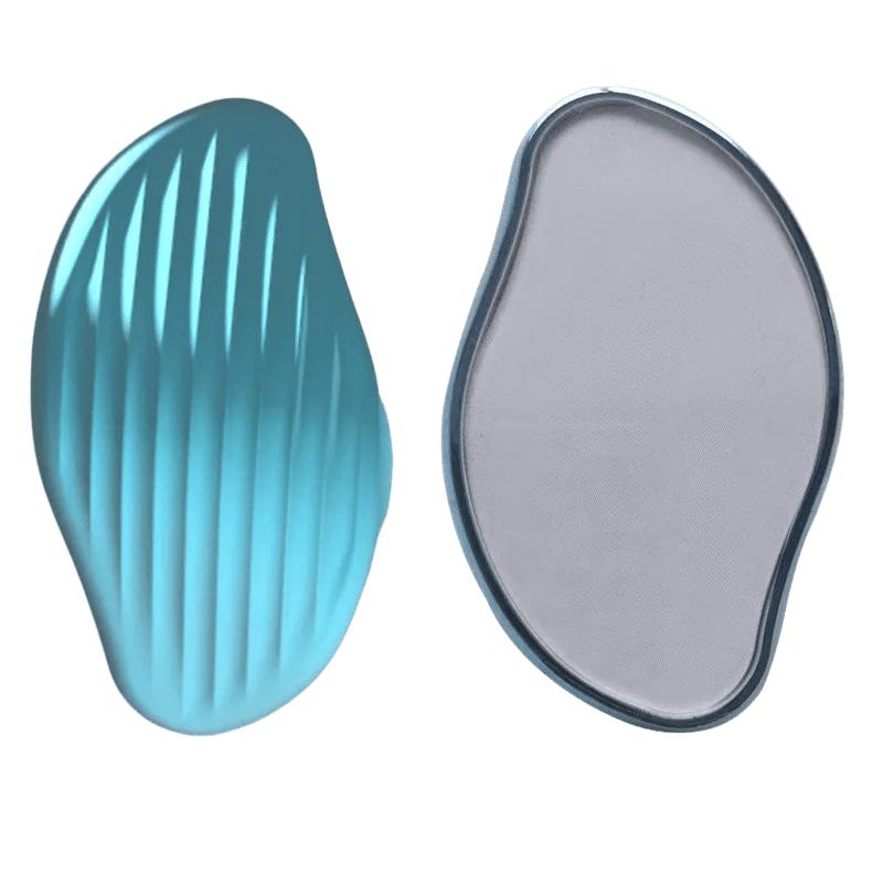 Turquoise nano glass hair eraser showing textured exfoliating side and smooth crystal surface for painless hair removal