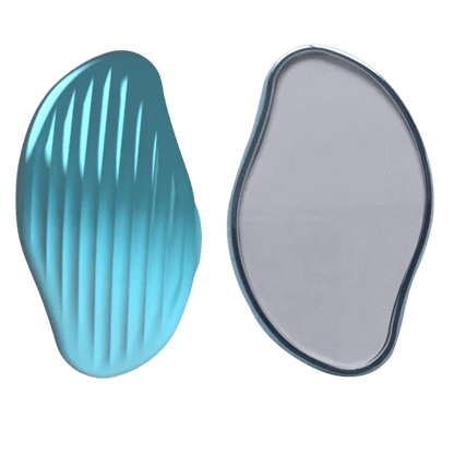 Turquoise nano glass hair eraser showing textured exfoliating side and smooth crystal surface for painless hair removal