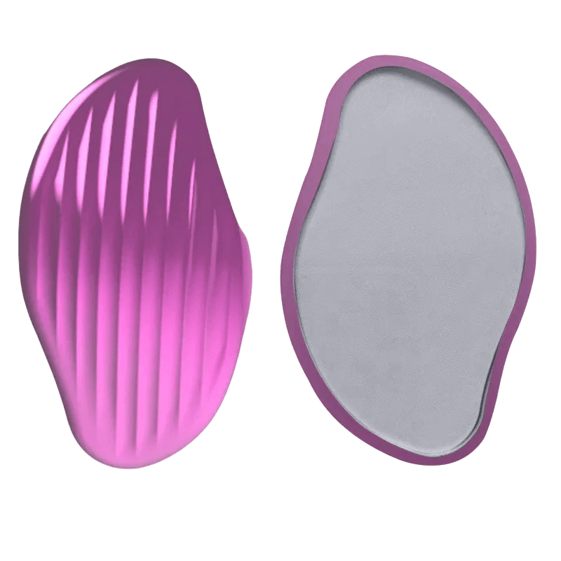 Pink nano glass hair eraser showing textured exfoliating side and smooth crystal surface for painless hair removal